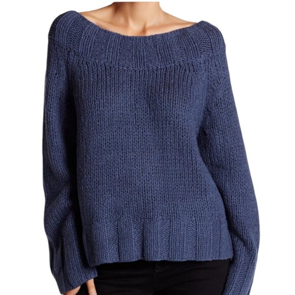 Free People Beachy Off Shoulder Slouchy Cable-Knit Pullover Sweater Blue XS - Picture 1 of 8